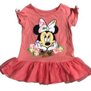 Disney Minnie Mouse Dress Coral Full Color Graphics Floral Shoulder Bows…